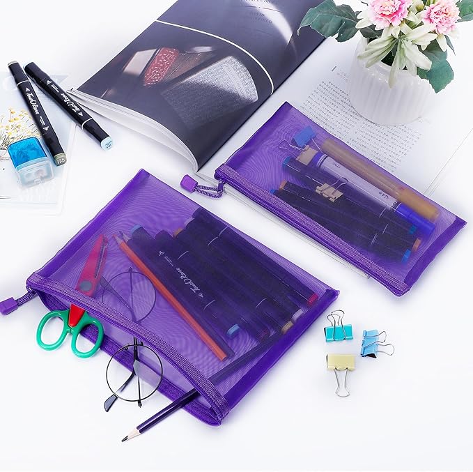 12 Pieces Zipper Nylon Mesh Pouch, Mesh Cosmetic Bags Makeup Bags Pencil Case, Multipurpose Travel Bags for Cosmetic School Office Supplies and Travel Accessories (Purple, A5+B6)