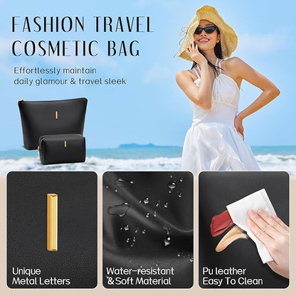 Women Gifts | Initial Makeup Bag Set for Girl Personalized Gifts for Bridesmaid Friend Graduation Teachers PU Leather Cosmetic Travel Toiletry Bag(Black,I)