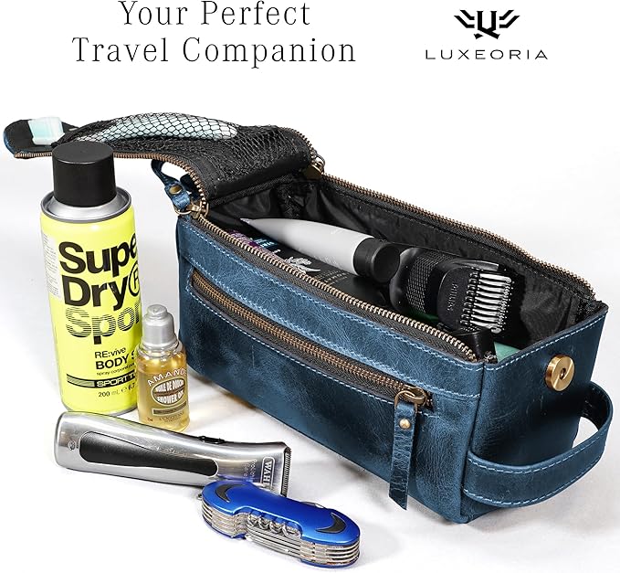 LUXEORIA Genuine Leather Toiletry Bags for Men and Women, Handmade Premium Leather Dopp Kit and Shaving Bag, Cosmetic Bag for Womens and Mens, Travel Essentials & Organizers