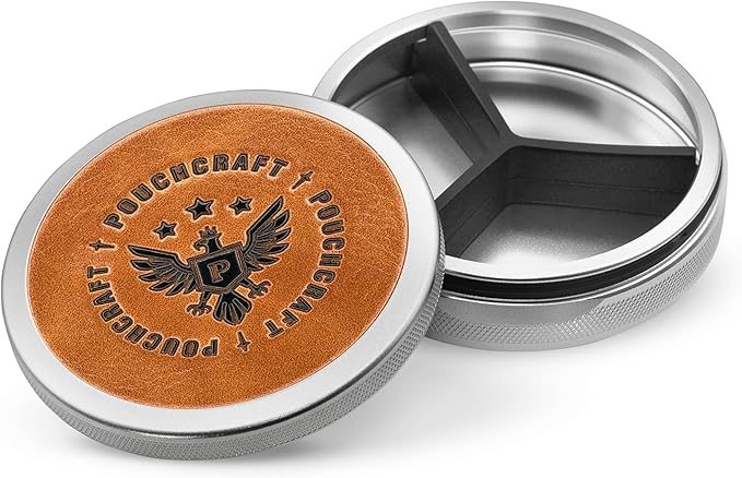 Leather-Faced Metal Pouch Can | Metal Container | Slim EDC Pocket Tin | Airtight & Moisture-Resistant | Daily Organizer | Pill Case & Travel Tin | Father’s Day Gift for Dad | (Insignia Ed, Silver)