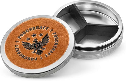 Leather-Faced Metal Pouch Can | Metal Container | Slim EDC Pocket Tin | Airtight & Moisture-Resistant | Daily Organizer | Pill Case & Travel Tin | Father’s Day Gift for Dad | (Insignia Ed, Silver)