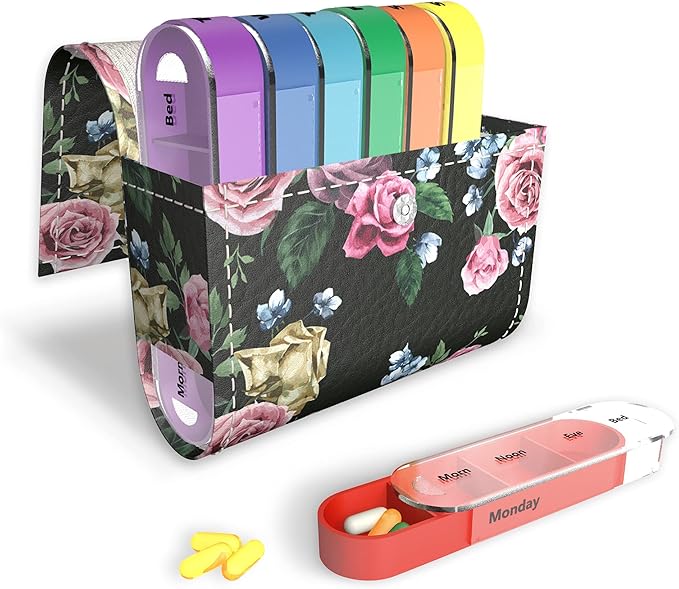 Pill Organizer,LIZIMANDU Weekly Travel Pill Case Box Medication Reminder Daily AM PM, Day Night 7 Compartments,for 4 Times A Day, 7 Days a Week-Includes Leather PU Carrying Case (Black Rose)