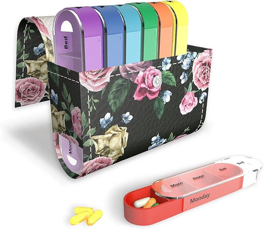 Pill Organizer,LIZIMANDU Weekly Travel Pill Case Box Medication Reminder Daily AM PM, Day Night 7 Compartments,for 4 Times A Day, 7 Days a Week-Includes Leather PU Carrying Case (Black Rose)
