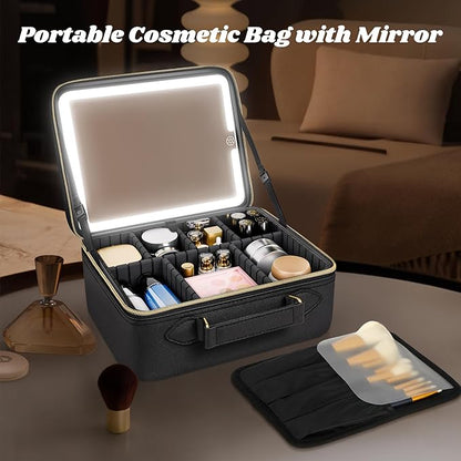 JUSRON Travel Makeup Bag With LED Mirror, Cosmetic Train Case with Light up Mirror, Portable Makeup Artist Organizer Bag with Adjustable Dividers, Makeup Brush Holder Storage (Black, Medium)