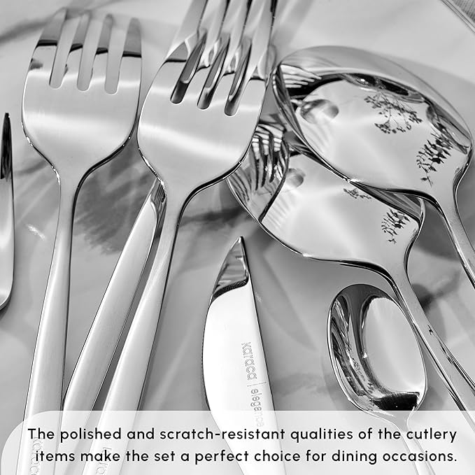 Karaca Lizbon 60-Piece Cutlery Set for 12 People -18/10 Stainless Steel, Dinnerware Tableware Silverware Service, includes Forks, Spoons, knives, forks, Teaspoons, Mirror Polished, Dishwasher Safe