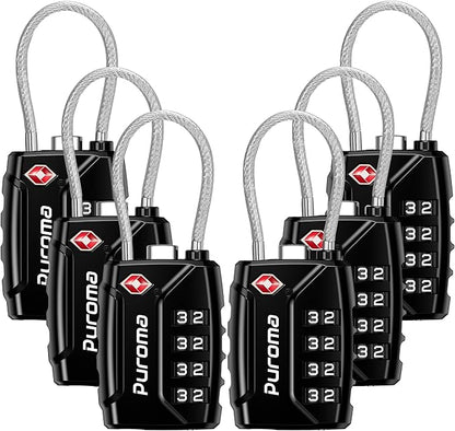 Puroma 6 Pack TSA Approved Luggage Locks, 4 Digit Combination Travel Locks Resettable Code Lock with Zinc Alloy Body for Suitcase, Toolbox, Backpack, Bag, Gym Locker (Basic Black)