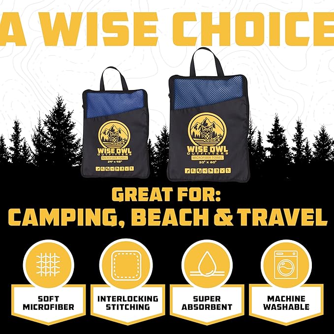 Wise Owl Outfitters Microfiber Camping Towel - Quick Dry Towel for Travel, Backpacking, Hiking, Beach, Gym & Yoga - Compact, Fast Drying & Lightweight