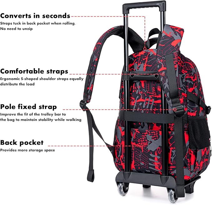 Bluboon Rolling Backpack with Wheels Kids Backpack for Boys Teens Wheeled Bookbag Kids Luggage Travel Hiking