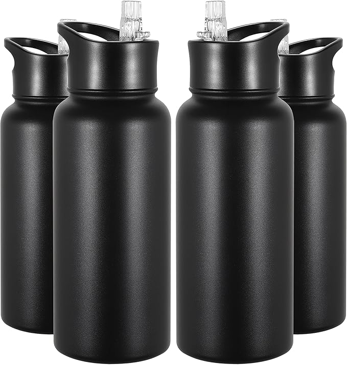 VEGOND 32 oz Insulated Water Bottle Bulk Stainless Steel Metal Water Bottles with Leak Proof Straw Lid & Spout Lid, Wide Mouth Double Walled Vacuum Travel Sports Bottle, Black 4 Pack