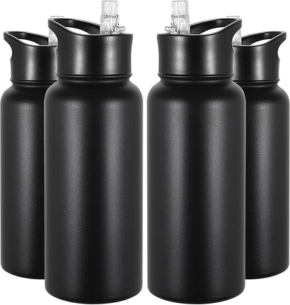 VEGOND 32 oz Insulated Water Bottle Bulk Stainless Steel Metal Water Bottles with Leak Proof Straw Lid & Spout Lid, Wide Mouth Double Walled Vacuum Travel Sports Bottle, Black 4 Pack