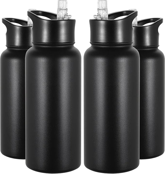 VEGOND 32 oz Insulated Water Bottle Bulk Stainless Steel Metal Water Bottles with Leak Proof Straw Lid & Spout Lid, Wide Mouth Double Walled Vacuum Travel Sports Bottle, Black 4 Pack