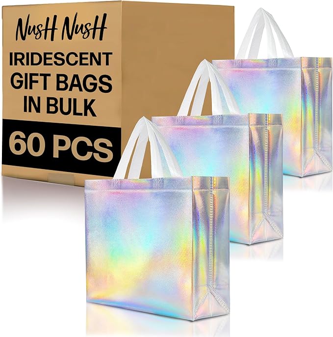 Nush Nush Iridescent Large Gift Bags Bulk - Set of 60 Holographic Reusable Gift Bags with Handles - Ideal Goodie Bag for Small Business, Parties and Events, Christmas Gifts, Thanksgiving- 13x5x11