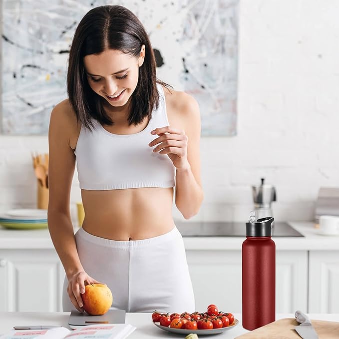 VEGOND 40 oz Insulated Water Bottle Stainless Steel Metal Water Bottles with Leak Proof Straw Lid & Spout Lid, Wide Mouth Double Walled Vacuum Travel Sports Bottle, Red