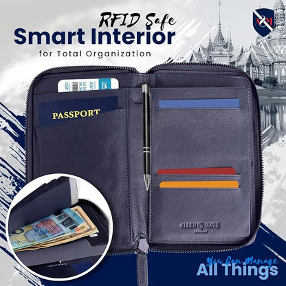 ALLEN & MATE Passport Holder Travel Wallet, 100% Leather RFID Blocking Travel Document Organiser for Men & Women