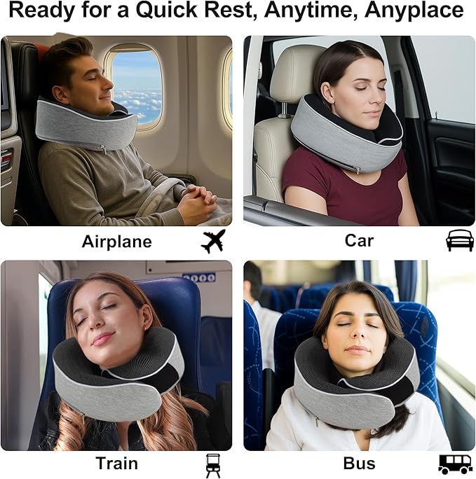 VOCOSTE Neck Pillow for Airplane Travel, Ergonomic Memory Foam Support for Long Flights, with Eye Mask & Earplugs, Home & Office Nap, Gifts for Frequent Flyer, Light Gray