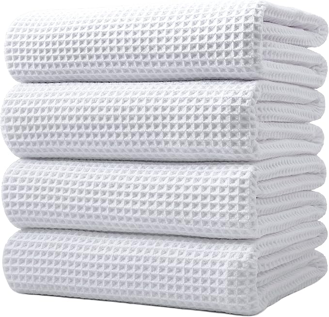 POLYTE Microfiber Oversize Quick Dry Lint Free Bath Towel, 60 x 30 in, 4 Pack (Waffle Weave)