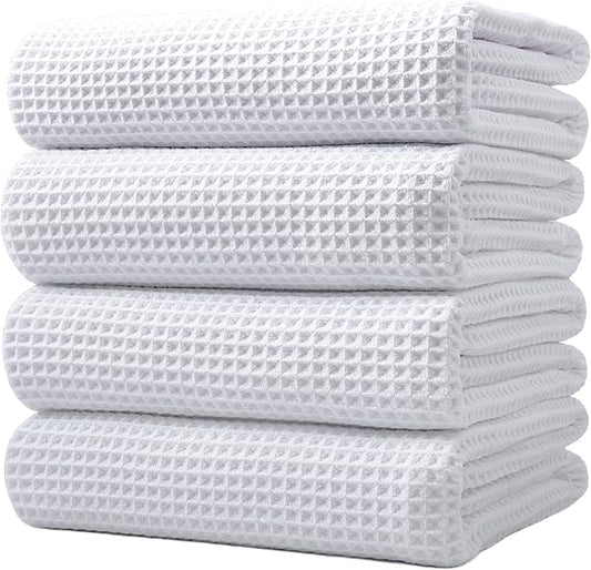 POLYTE Microfiber Oversize Quick Dry Lint Free Bath Towel, 60 x 30 in, 4 Pack (Waffle Weave)