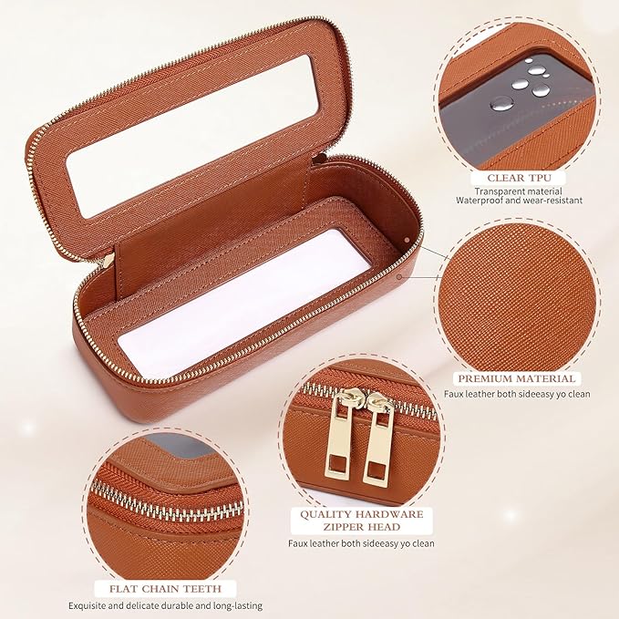 Pinkmik Makeup Brush Case Clear Travel Cosmetic & Toiletry Bag Small Makeup Bag with Zipper Purse Organizer Car Essential Bag for Women (X/Brown, SLIM)