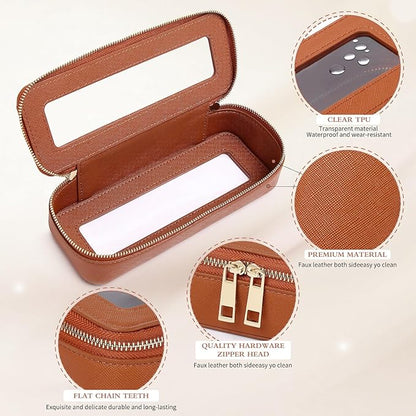 Pinkmik Makeup Brush Case Clear Travel Cosmetic & Toiletry Bag Small Makeup Bag with Zipper Purse Organizer Car Essential Bag for Women (X/Brown, SLIM)