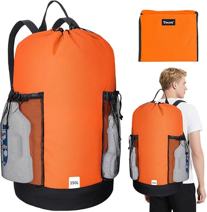 BALEINE 150L Laundry Bag Backpack, 900D Oxford Fabric Large Travel Laundry Bags with Shoulder Straps and 2 Mesh Pockets for College Dorm, Apartment, Laundromat (Orange, 150L)