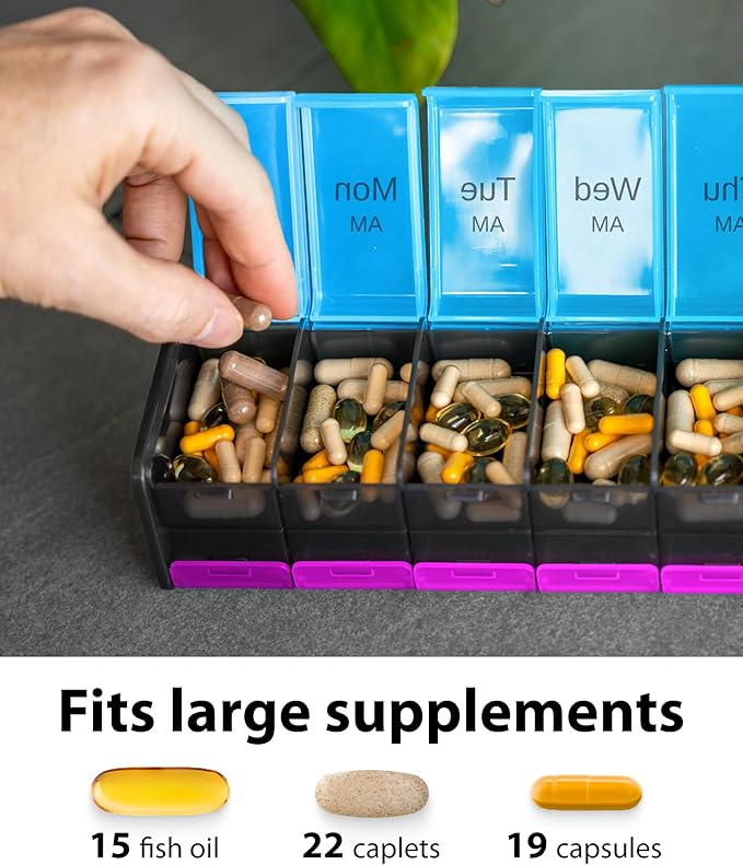 Extra Large Pill Organizer- XXL Pill Box 7 Day - Weekly Pill Organizer with AM PM Large Compartments Big Pill Case for Supplements Jumbo Pill Holder for Vitamins Huge Medicine Organizer 2 Times a Day