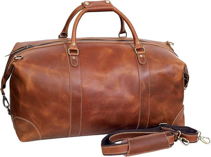 24 Inch Genuine Buffalo Leather Travel Duffle Bag, Overnight Weekend Leather Bag Sports Gym Duffel for Men, Airplane Under Seat Carry on Bags (Tan)