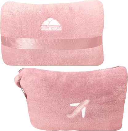 BlueHills Premium Soft Travel Blanket Pillow Compact Mini Airplane Blanket with Portable Pillowcase Long Flights - Dusty Rose Pink M02