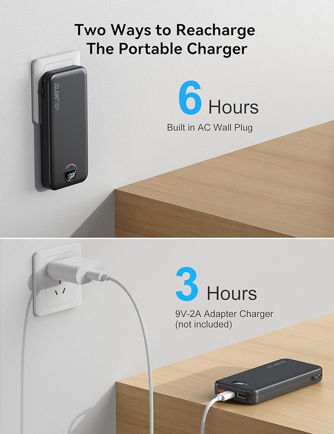 12000mAh Ultra-Portable-Charger-Power-Bank with Built in Cables&AC Wall Plug,PD20W USB-C Fast Charging Cell Phone Charger Battery Pack,LED Display Travel Battery Bank for All iPhone,Samsung,Android