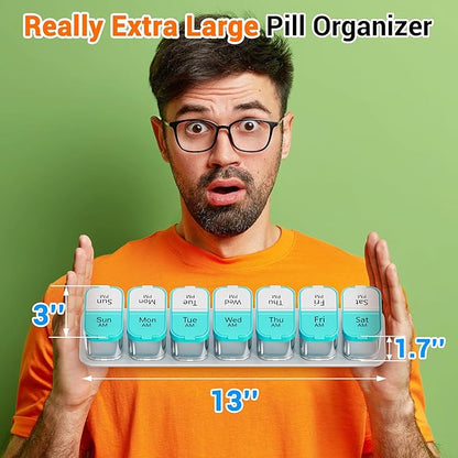 Daviky Large Weekly AM PM Pill Organizer - 7 Day, 2 Times a Day With Extra Large Compartments for Vitamins, Medicine, Supplements (Cyan)
