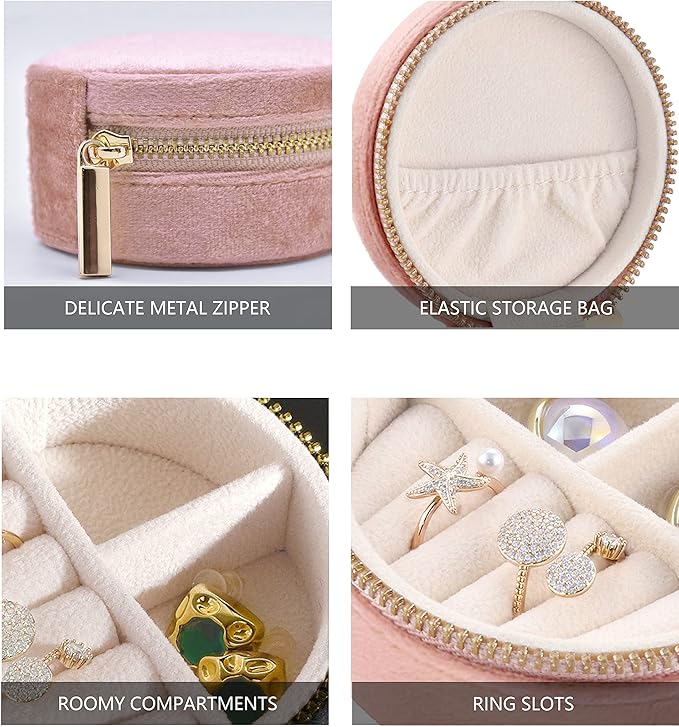 TAIMY Travel Jewelry Box, Mini Round Velvet Travel Jewelry Case for Women Girls, Portable Small Jewelry Travel Organizer Boxes for Rings Earrings Necklaces Bracelets(Blush Peach)