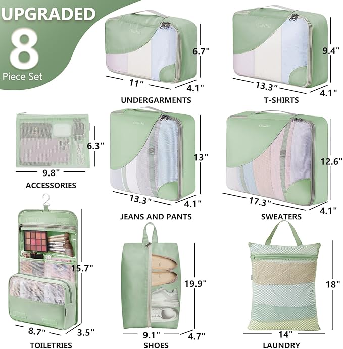 8 Set Packing Cubes for Travel, Anti-Tearing Suitcase Organizer for Luggage with Shoe & Hanging Toiletry Bag,Gifts for Women Mom,OlarHike Vacation Essentials & Accessories for Cruise Ship,Matcha Green