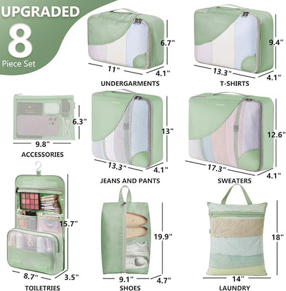 8 Set Packing Cubes for Travel, Anti-Tearing Suitcase Organizer for Luggage with Shoe & Hanging Toiletry Bag,Gifts for Women Mom,OlarHike Vacation Essentials & Accessories for Cruise Ship,Matcha Green