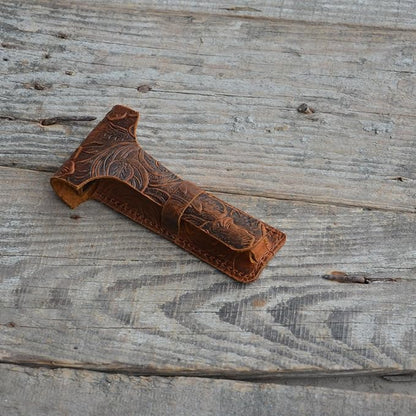 JJNUSA Handmade Sleeve Travel Pouch Leather Safety Razor Case, Double Edge Razor 4.5", Old Fashioned Razor Sleeve Shaving Accessories Men's Shaving Razor Flower Brown
