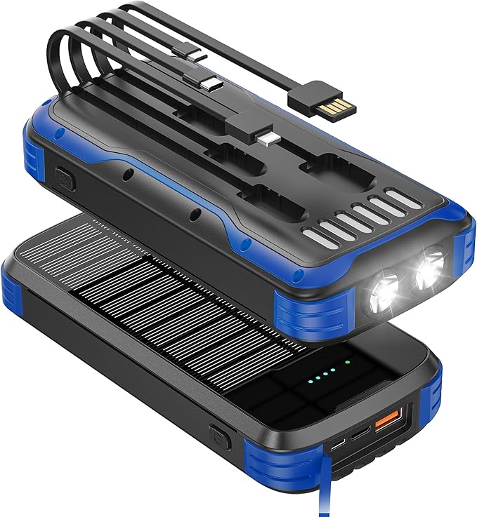 Solar Charger Power Bank, 40000mAh Portable Charger PD 20W Fast Charging Solar Power Bank Built in 4 Cables and USB-C in/Output, Camping Essentials External Battery Pack with Flashlights
