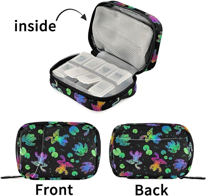 Fustylead Neon Color Frogs and Water Lily Leaves Travel Pill Organizer Case Zipper for Purse with Removable Weekly Pill Box for Medicine, Vitamin, Supplement Medicine Organizer