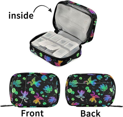 Fustylead Neon Color Frogs and Water Lily Leaves Travel Pill Organizer Case Zipper for Purse with Removable Weekly Pill Box for Medicine, Vitamin, Supplement Medicine Organizer