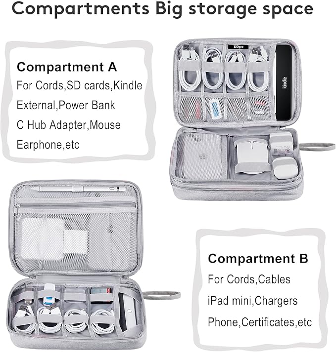 DDgro Cable Organizer Bag, Large Charger Cord Travel Case for Electronics & Tech Accessories (Large, Light Grey)