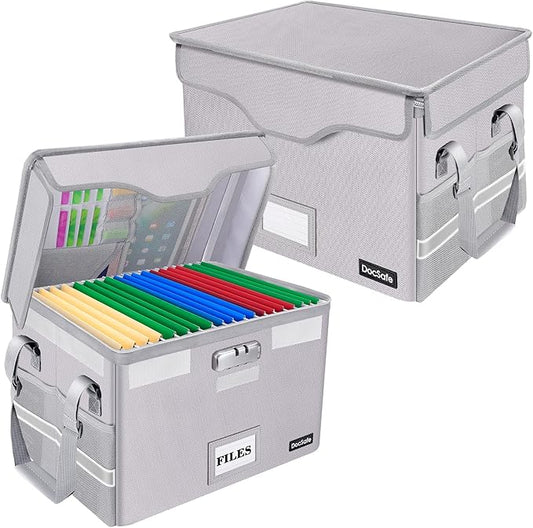DocSafe Fireproof Document Box with Lock,File Storage Organizer with Pockets,Collapsible Portable File Box Home Office Safe Filing Cabinet with Handle for Hanging Letter/Legal Folders,Silver,2 Pack