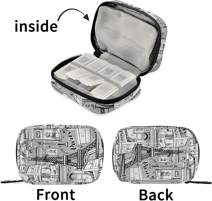 Fustylead Sights of Paris Travel Pill Case Bag with Zipper Weekly Pill Box 8 Compartments 7 Day Personal Pill Case Purse Medicine Case Organizer