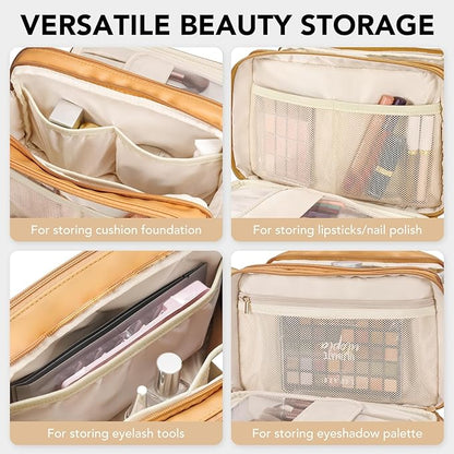 Travel Makeup Bag Women's Large Capacity Cosmetic Portable Organizer Large Opening Waterproof Storage Toiletry Bags Vertical Free-Standing Brush Holder for Easy Access Orange