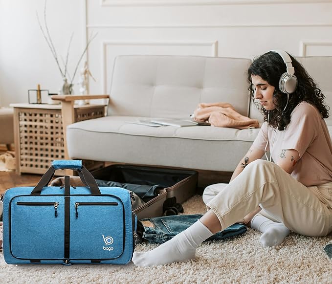 Bago Foldable Duffel Bags for Traveling Women & Men - 40L Sports Packable Duffle Bag for Travel with Shoe Compartment - Water Repellant, Heavy Duty, Lightweight Folding & Collapsible (SnowBlue)