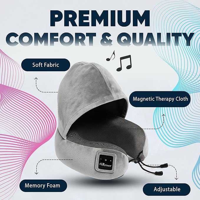 Bluetooth Music Semicircular Neck Pillow with Hood Wireless Bluetooth Speaker Suitable Airplane,Car,Office,and Outdoor Camping for Sleeping, Resting The Best Travel Essentials. (Light Gray)