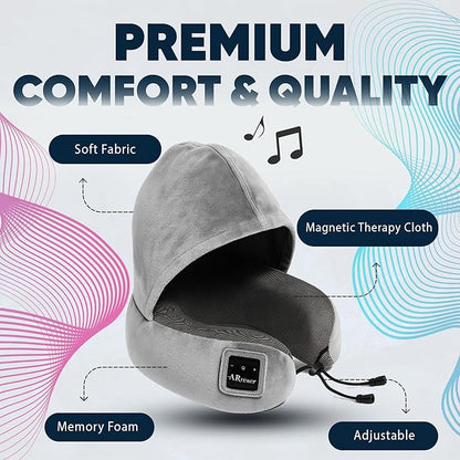 Bluetooth Music Semicircular Neck Pillow with Hood Wireless Bluetooth Speaker Suitable Airplane,Car,Office,and Outdoor Camping for Sleeping, Resting The Best Travel Essentials. (Light Gray)