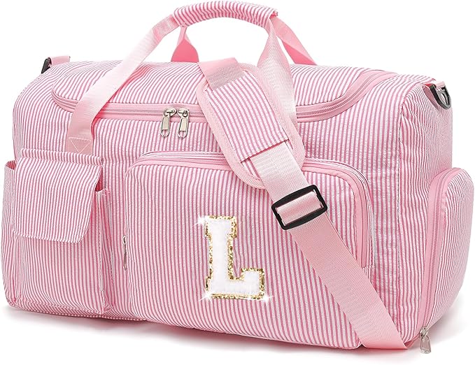 Kids Travel Duffle Bag Dance Bag Gifts for Girls Initial Gym Bag with Shoes Compartment for Women Lightweight Weekender Bags Pink-L