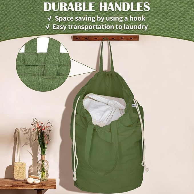 Canvas Laundry Bags with Handles & Square Base13.8"x 13.8", Large Heavy Duty Laundry Basket Hamper Liner, College Dorm Washable Drawstring Cotton Dirty Clothes Bag (Army Green)