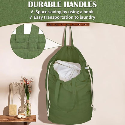 Canvas Laundry Bags with Handles & Square Base13.8"x 13.8", Large Heavy Duty Laundry Basket Hamper Liner, College Dorm Washable Drawstring Cotton Dirty Clothes Bag (Army Green)