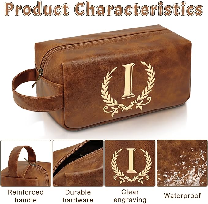 Personalized Toiletry Bag for Men Engraved Initial Leather Kit, Waterproof Travel Essentials Bag - DarkBrown(I)