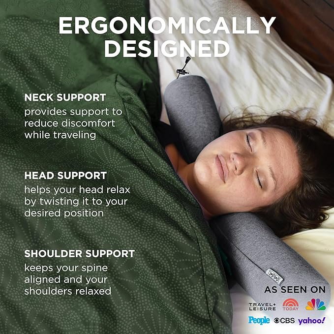 Dot&Dot Twist Memory Foam Travel Pillow for Airplanes - Travel Neck Pillow for Sleeping - Airplane Pillow for Neck Support, Chin, Lumbar and Leg - Adjustable, Bendable Neck Roll Pillow (Gray Black AC)