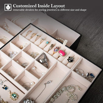 ProCase Jewelry Box for Women, 2 Layers Large Leather Jewelry Organizer Storage Case with Removable Pad for Earrings -Black