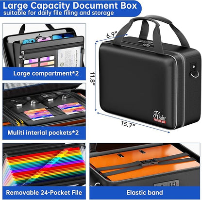 5200℉ Fireproof Document Box with lock, Hard-Shell Case File Organizer with 24 Pocket Accordion File Folder, Portable Safe Box with Shoulder Strap for Home Important Documents Laptop Black